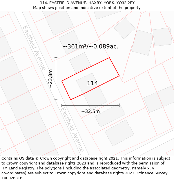 114, EASTFIELD AVENUE, HAXBY, YORK, YO32 2EY: Plot and title map