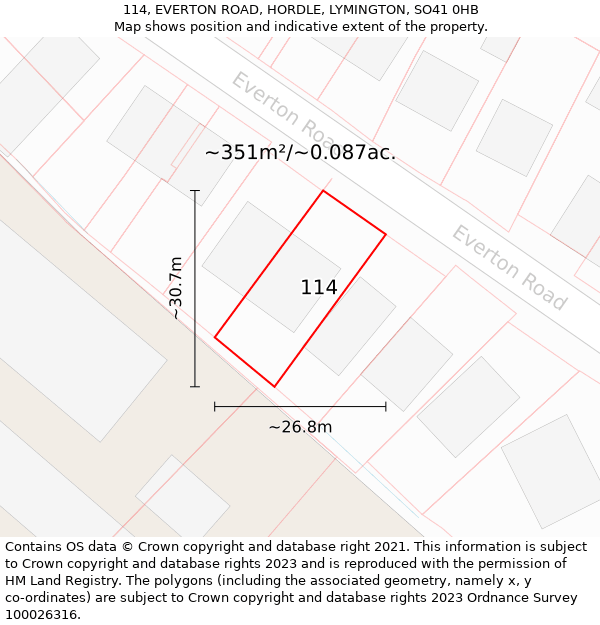 114, EVERTON ROAD, HORDLE, LYMINGTON, SO41 0HB: Plot and title map