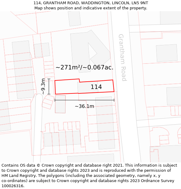 114, GRANTHAM ROAD, WADDINGTON, LINCOLN, LN5 9NT: Plot and title map