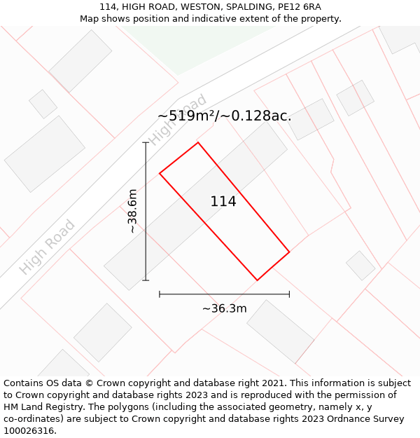 114, HIGH ROAD, WESTON, SPALDING, PE12 6RA: Plot and title map