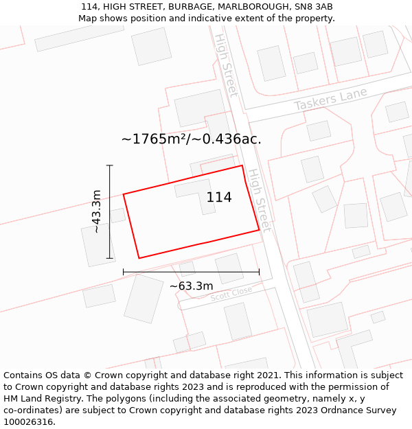 114, HIGH STREET, BURBAGE, MARLBOROUGH, SN8 3AB: Plot and title map