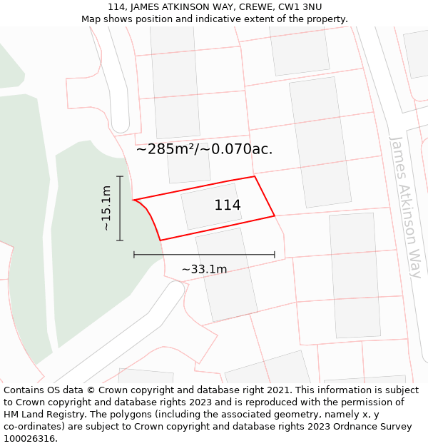 114, JAMES ATKINSON WAY, CREWE, CW1 3NU: Plot and title map