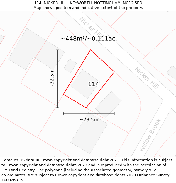 114, NICKER HILL, KEYWORTH, NOTTINGHAM, NG12 5ED: Plot and title map