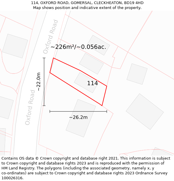 114, OXFORD ROAD, GOMERSAL, CLECKHEATON, BD19 4HD: Plot and title map