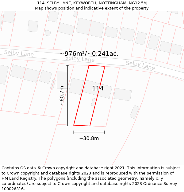 114, SELBY LANE, KEYWORTH, NOTTINGHAM, NG12 5AJ: Plot and title map