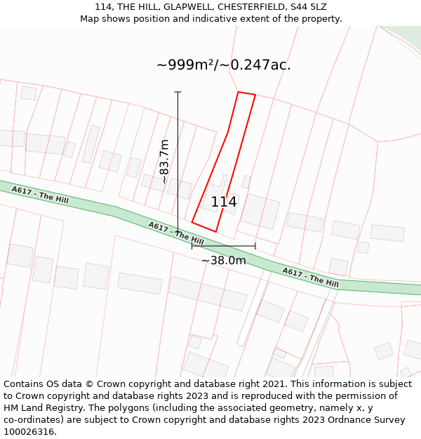 114, THE HILL, GLAPWELL, CHESTERFIELD, S44 5LZ: Plot and title map