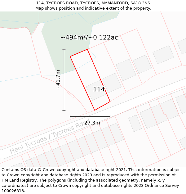 114, TYCROES ROAD, TYCROES, AMMANFORD, SA18 3NS: Plot and title map