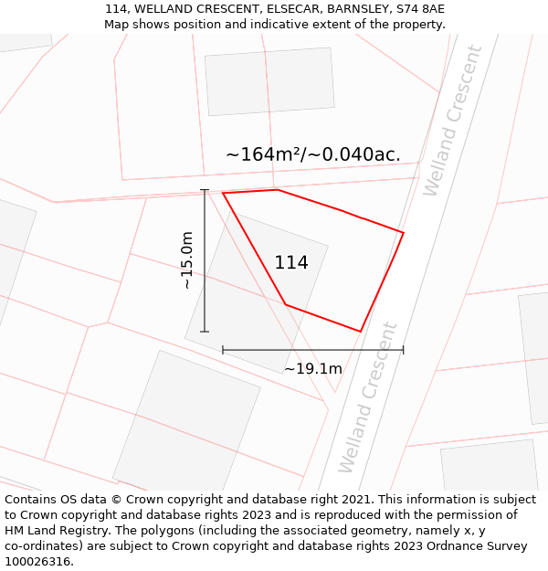 114, WELLAND CRESCENT, ELSECAR, BARNSLEY, S74 8AE: Plot and title map