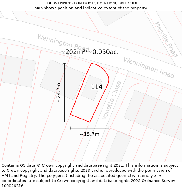 114, WENNINGTON ROAD, RAINHAM, RM13 9DE: Plot and title map