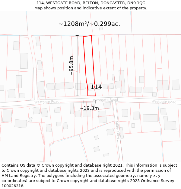 114, WESTGATE ROAD, BELTON, DONCASTER, DN9 1QG: Plot and title map