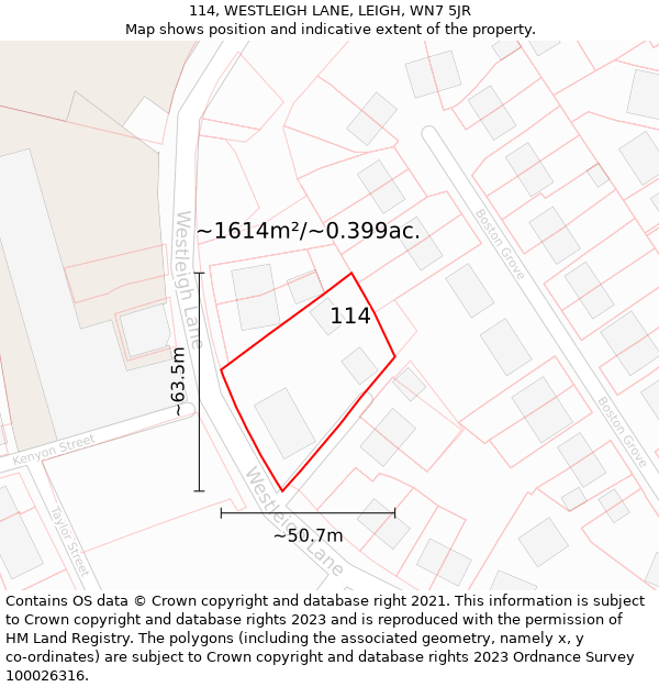114, WESTLEIGH LANE, LEIGH, WN7 5JR: Plot and title map
