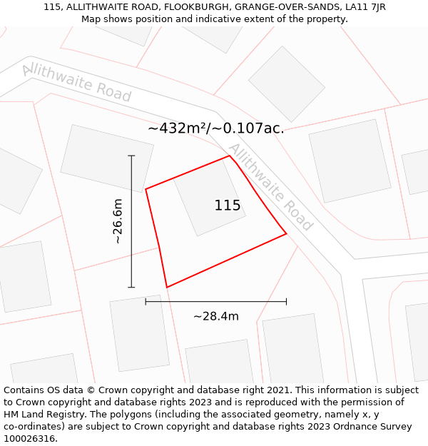 115, ALLITHWAITE ROAD, FLOOKBURGH, GRANGE-OVER-SANDS, LA11 7JR: Plot and title map