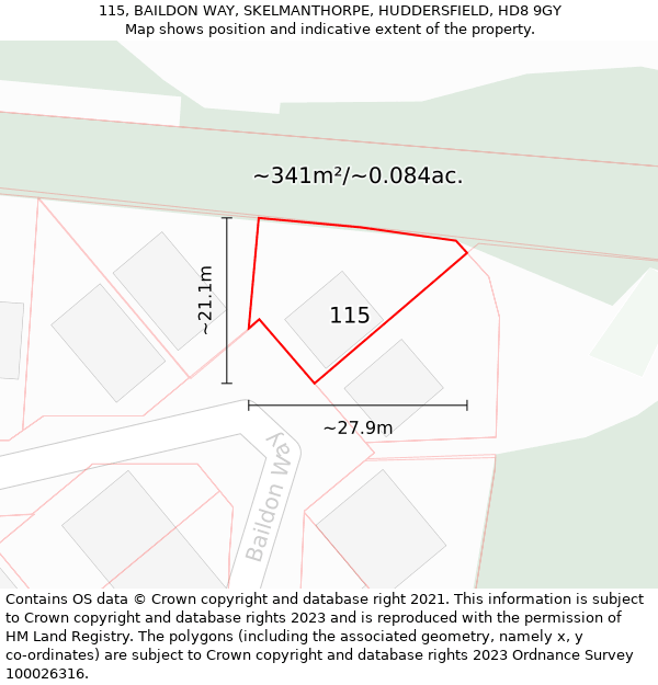 115, BAILDON WAY, SKELMANTHORPE, HUDDERSFIELD, HD8 9GY: Plot and title map