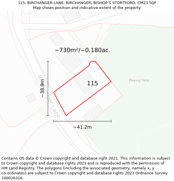 115, BIRCHANGER LANE, BIRCHANGER, BISHOP'S STORTFORD, CM23 5QF: Plot and title map