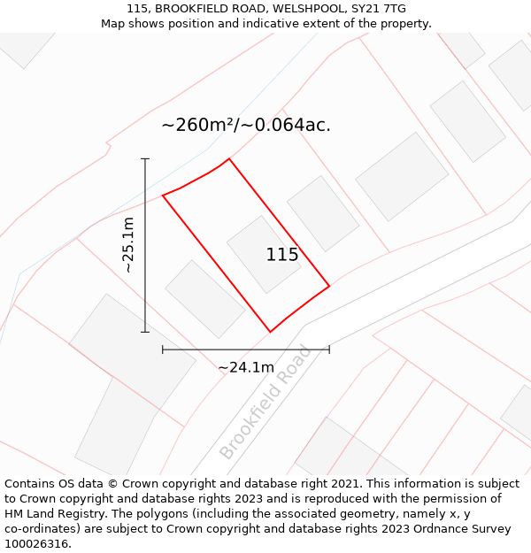 115, BROOKFIELD ROAD, WELSHPOOL, SY21 7TG: Plot and title map