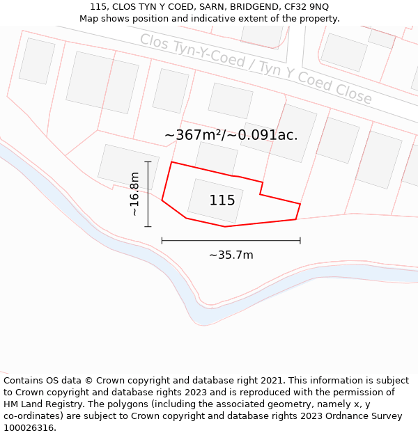 115, CLOS TYN Y COED, SARN, BRIDGEND, CF32 9NQ: Plot and title map