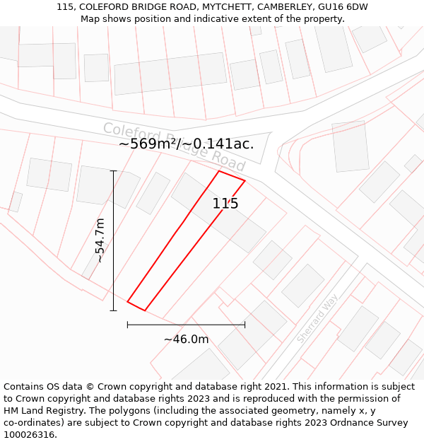 115, COLEFORD BRIDGE ROAD, MYTCHETT, CAMBERLEY, GU16 6DW: Plot and title map