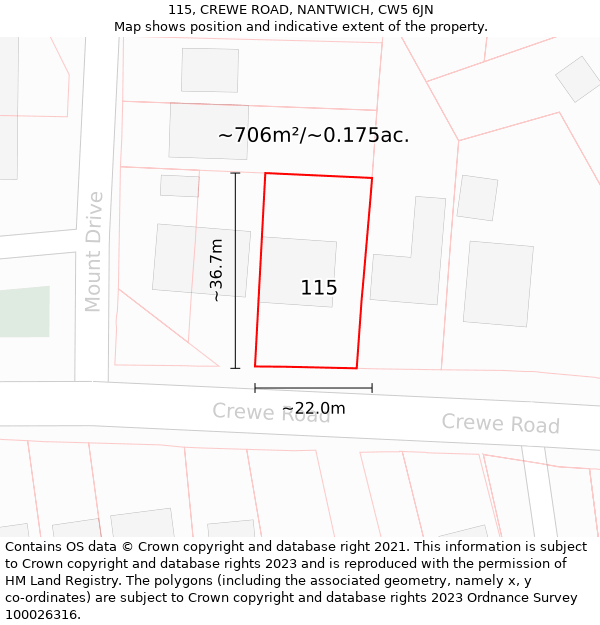 115, CREWE ROAD, NANTWICH, CW5 6JN: Plot and title map