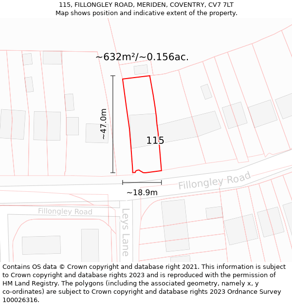 115, FILLONGLEY ROAD, MERIDEN, COVENTRY, CV7 7LT: Plot and title map