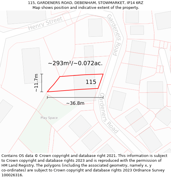 115, GARDENERS ROAD, DEBENHAM, STOWMARKET, IP14 6RZ: Plot and title map