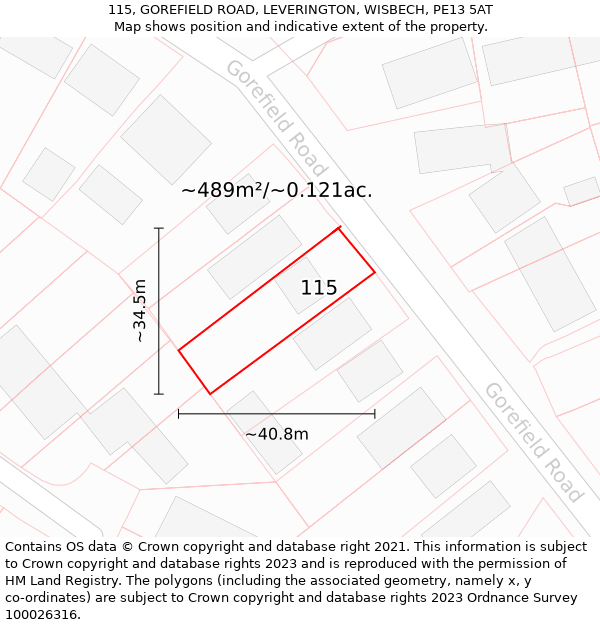 115, GOREFIELD ROAD, LEVERINGTON, WISBECH, PE13 5AT: Plot and title map