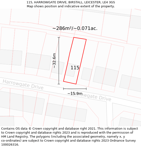 115, HARROWGATE DRIVE, BIRSTALL, LEICESTER, LE4 3GS: Plot and title map