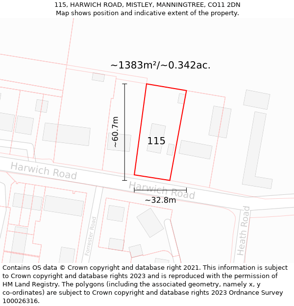 115, HARWICH ROAD, MISTLEY, MANNINGTREE, CO11 2DN: Plot and title map