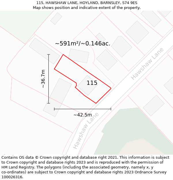 115, HAWSHAW LANE, HOYLAND, BARNSLEY, S74 9ES: Plot and title map