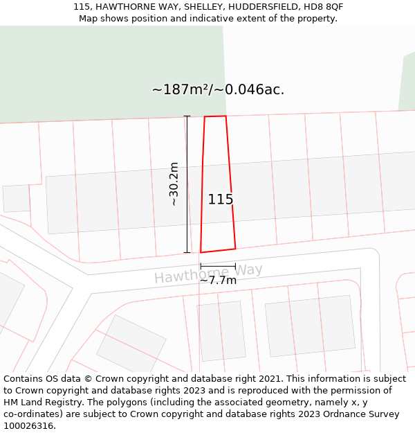 115, HAWTHORNE WAY, SHELLEY, HUDDERSFIELD, HD8 8QF: Plot and title map