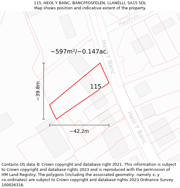 115, HEOL Y BANC, BANCFFOSFELEN, LLANELLI, SA15 5DL: Plot and title map