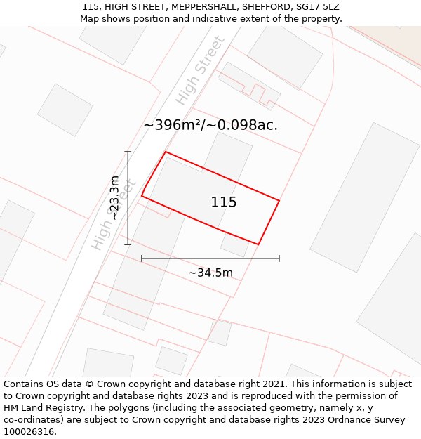 115, HIGH STREET, MEPPERSHALL, SHEFFORD, SG17 5LZ: Plot and title map