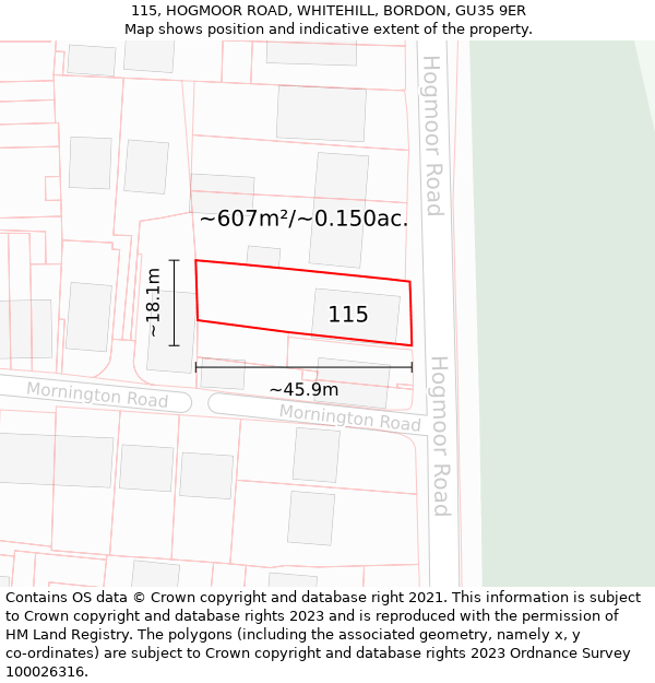 115, HOGMOOR ROAD, WHITEHILL, BORDON, GU35 9ER: Plot and title map