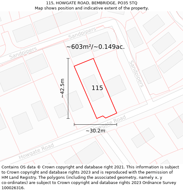 115, HOWGATE ROAD, BEMBRIDGE, PO35 5TQ: Plot and title map