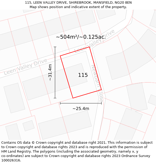 115, LEEN VALLEY DRIVE, SHIREBROOK, MANSFIELD, NG20 8EN: Plot and title map