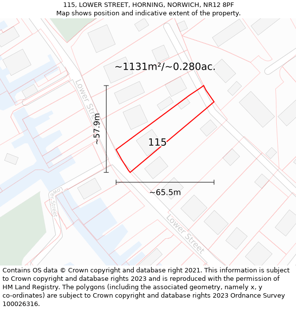 115, LOWER STREET, HORNING, NORWICH, NR12 8PF: Plot and title map