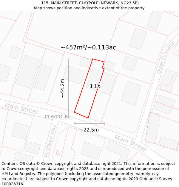 115, MAIN STREET, CLAYPOLE, NEWARK, NG23 5BJ: Plot and title map