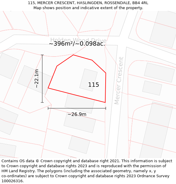 115, MERCER CRESCENT, HASLINGDEN, ROSSENDALE, BB4 4RL: Plot and title map