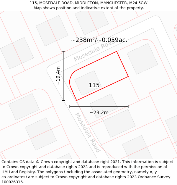 115, MOSEDALE ROAD, MIDDLETON, MANCHESTER, M24 5GW: Plot and title map