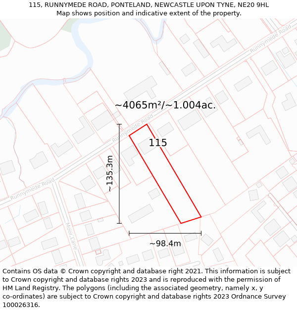 115, RUNNYMEDE ROAD, PONTELAND, NEWCASTLE UPON TYNE, NE20 9HL: Plot and title map