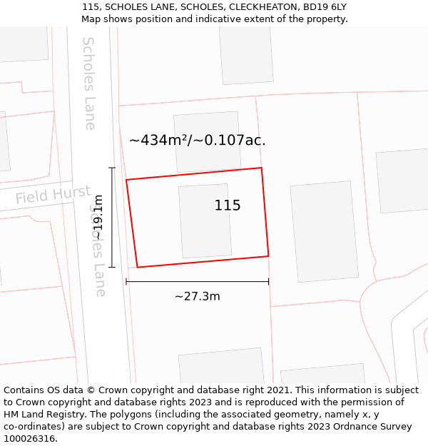 115, SCHOLES LANE, SCHOLES, CLECKHEATON, BD19 6LY: Plot and title map