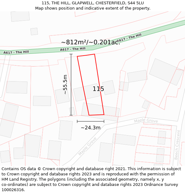 115, THE HILL, GLAPWELL, CHESTERFIELD, S44 5LU: Plot and title map