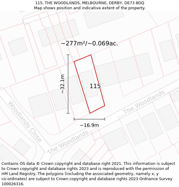 115, THE WOODLANDS, MELBOURNE, DERBY, DE73 8DQ: Plot and title map