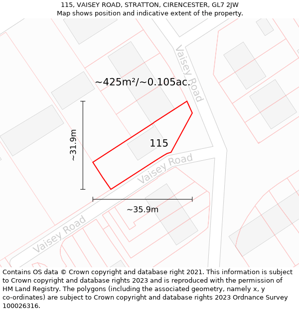 115, VAISEY ROAD, STRATTON, CIRENCESTER, GL7 2JW: Plot and title map