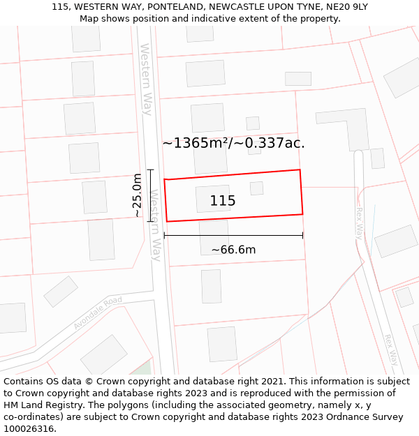 115, WESTERN WAY, PONTELAND, NEWCASTLE UPON TYNE, NE20 9LY: Plot and title map