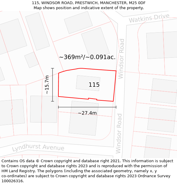 115, WINDSOR ROAD, PRESTWICH, MANCHESTER, M25 0DF: Plot and title map