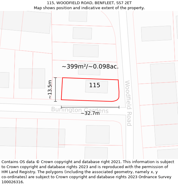 115, WOODFIELD ROAD, BENFLEET, SS7 2ET: Plot and title map