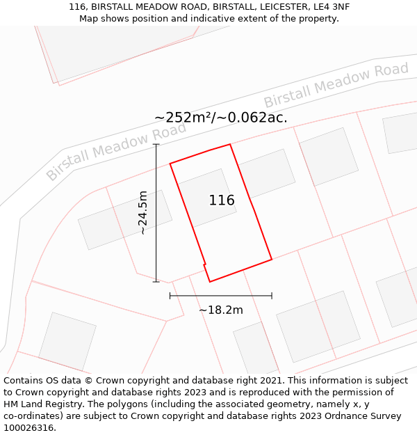 116, BIRSTALL MEADOW ROAD, BIRSTALL, LEICESTER, LE4 3NF: Plot and title map