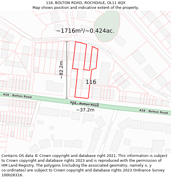 116, BOLTON ROAD, ROCHDALE, OL11 4QX: Plot and title map