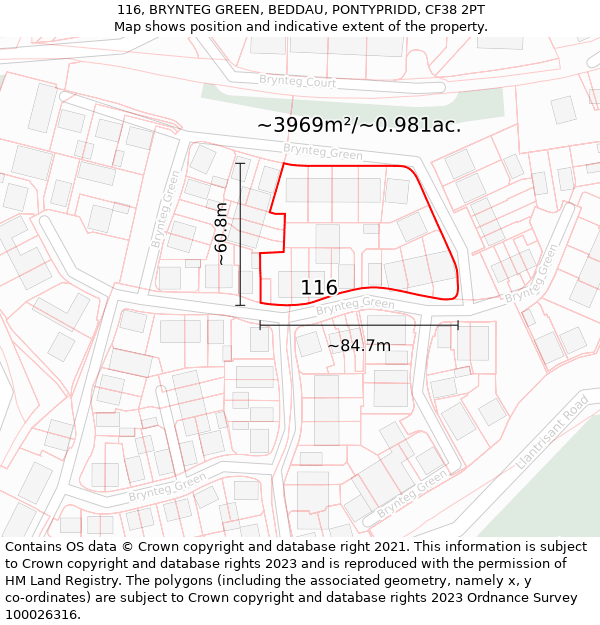 116, BRYNTEG GREEN, BEDDAU, PONTYPRIDD, CF38 2PT: Plot and title map