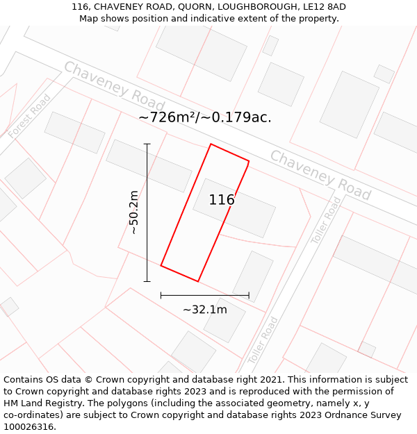 116, CHAVENEY ROAD, QUORN, LOUGHBOROUGH, LE12 8AD: Plot and title map